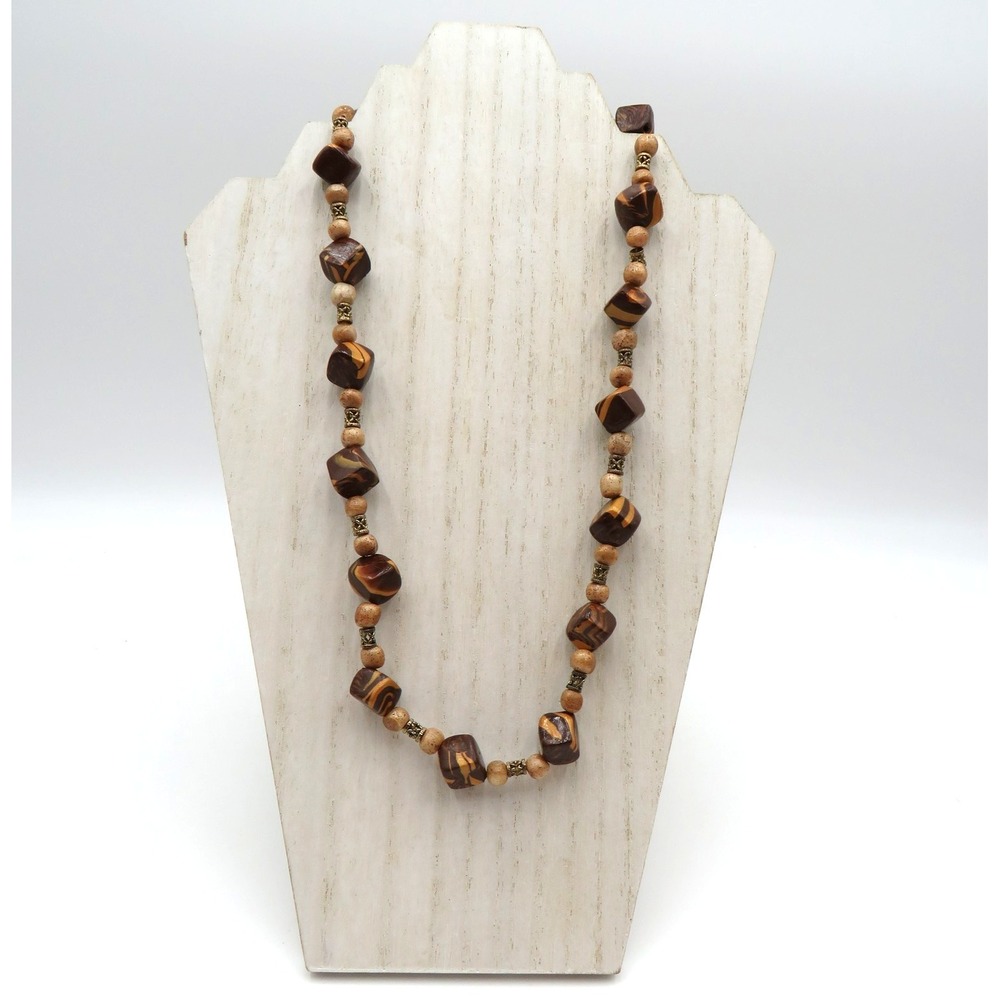 Vintage Chunky Marbled Bead Necklace Gold Tone Spacer Magnetic Clasp 20 Inch